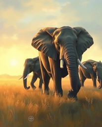 This is a beautiful painting of elephants walking across a field at sunset, rendered in soft, dreamy hues. The light is hazy 