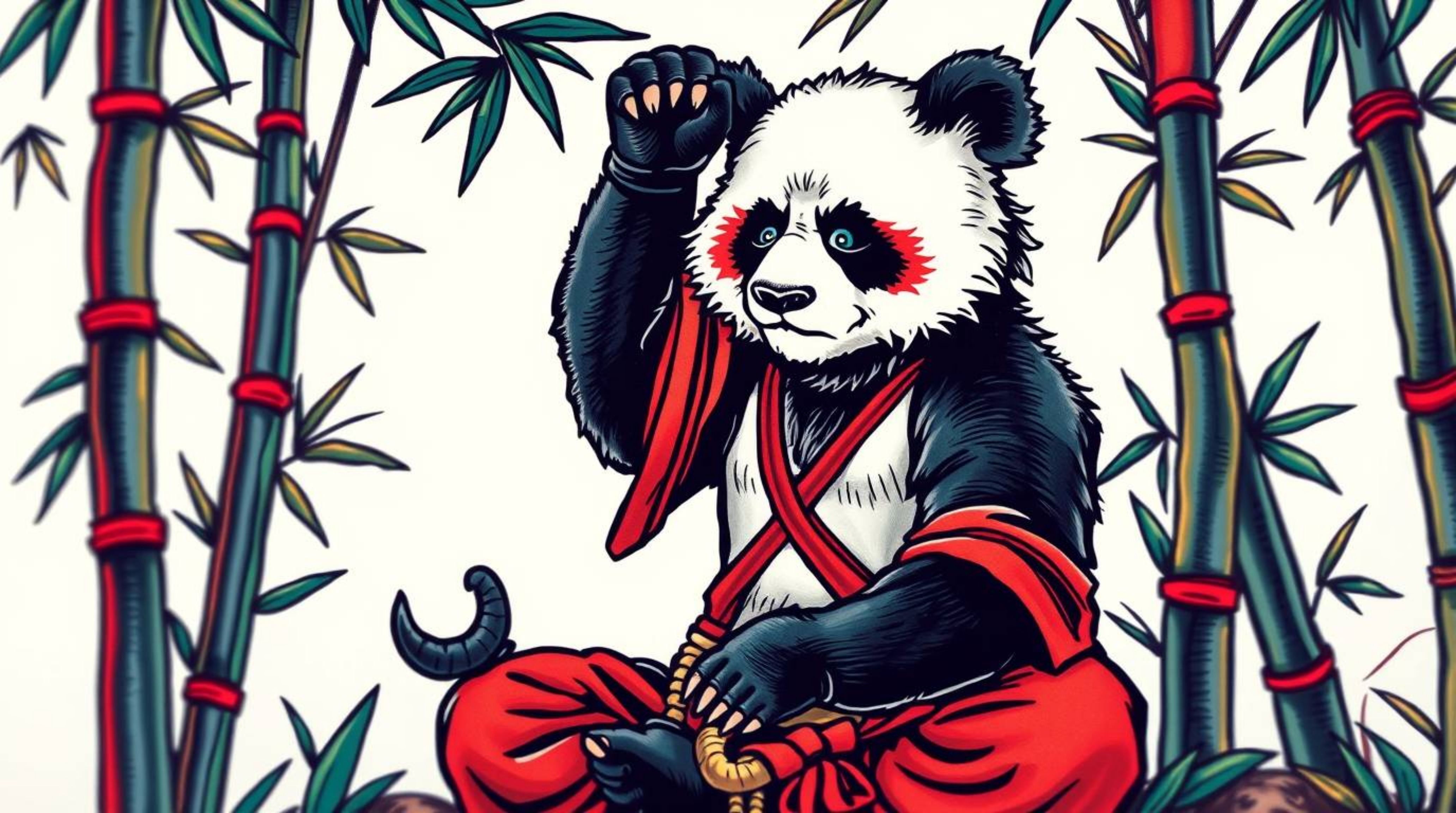 A vibrant, retro-style tattoo art print depicting a martial artist panda meditating serenely within a bamboo forest.  The des