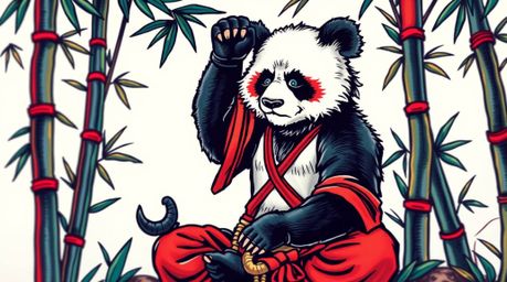 A vibrant, retro-style tattoo art print depicting a martial artist panda meditating serenely within a bamboo forest.  The des