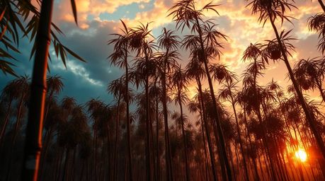 Experience a captivating close-up shot of a futuristic sci-fi scene set within a bamboo forest. The scene is bathed in the wa