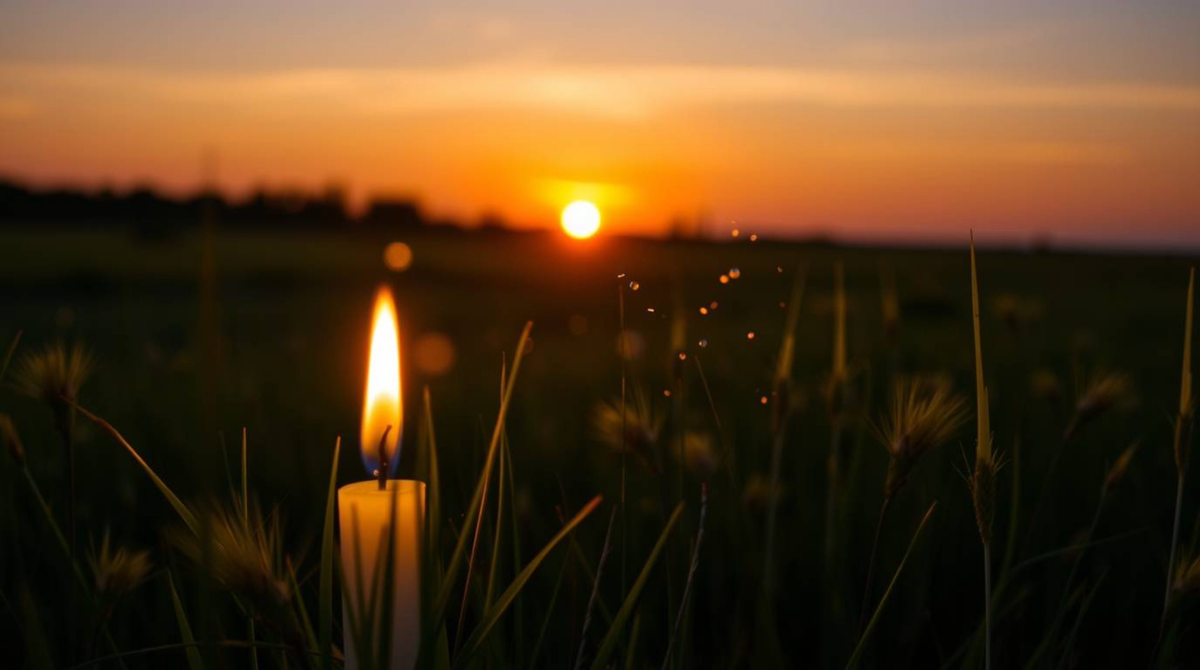 An captivating extreme macro photograph captures the warm glow of candlelight illuminating a breathtaking sunset over a tranq