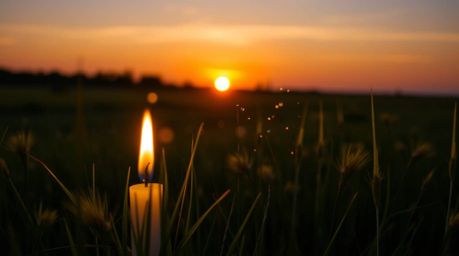 An captivating extreme macro photograph captures the warm glow of candlelight illuminating a breathtaking sunset over a tranq