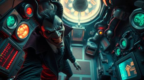 Explore a surreal and dreamlike high-angle image of a villain experiencing a humorous breakdown within a high-tech lair. The 