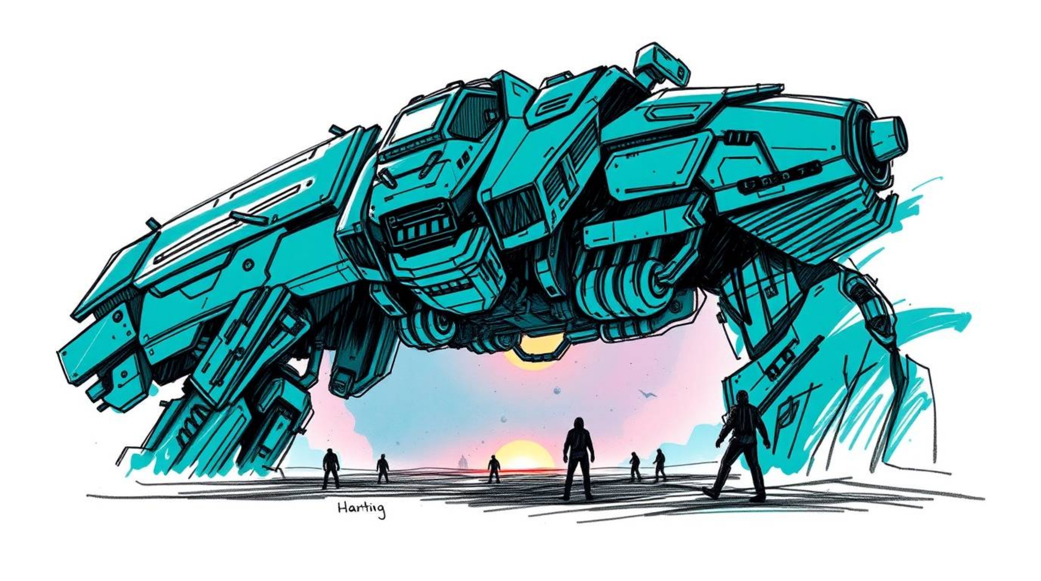 Explore a hand-drawn, deep teal sketch showcasing an epic futuristic scene bathed in lens glow lighting and a sunset gradient