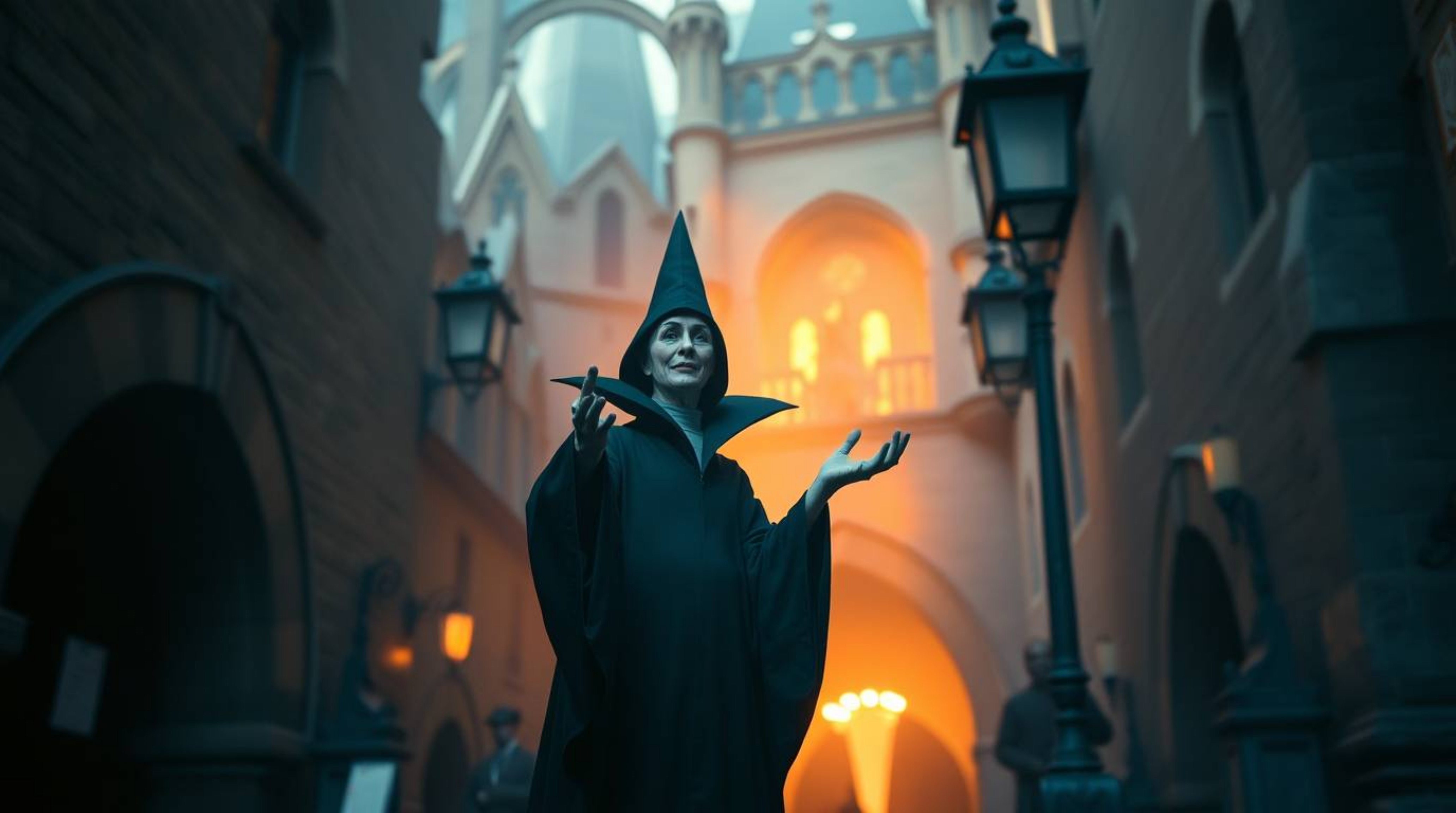 Capture the essence of candid street photography with a twist: a classic Disney villain casting a spell within the ancient wa