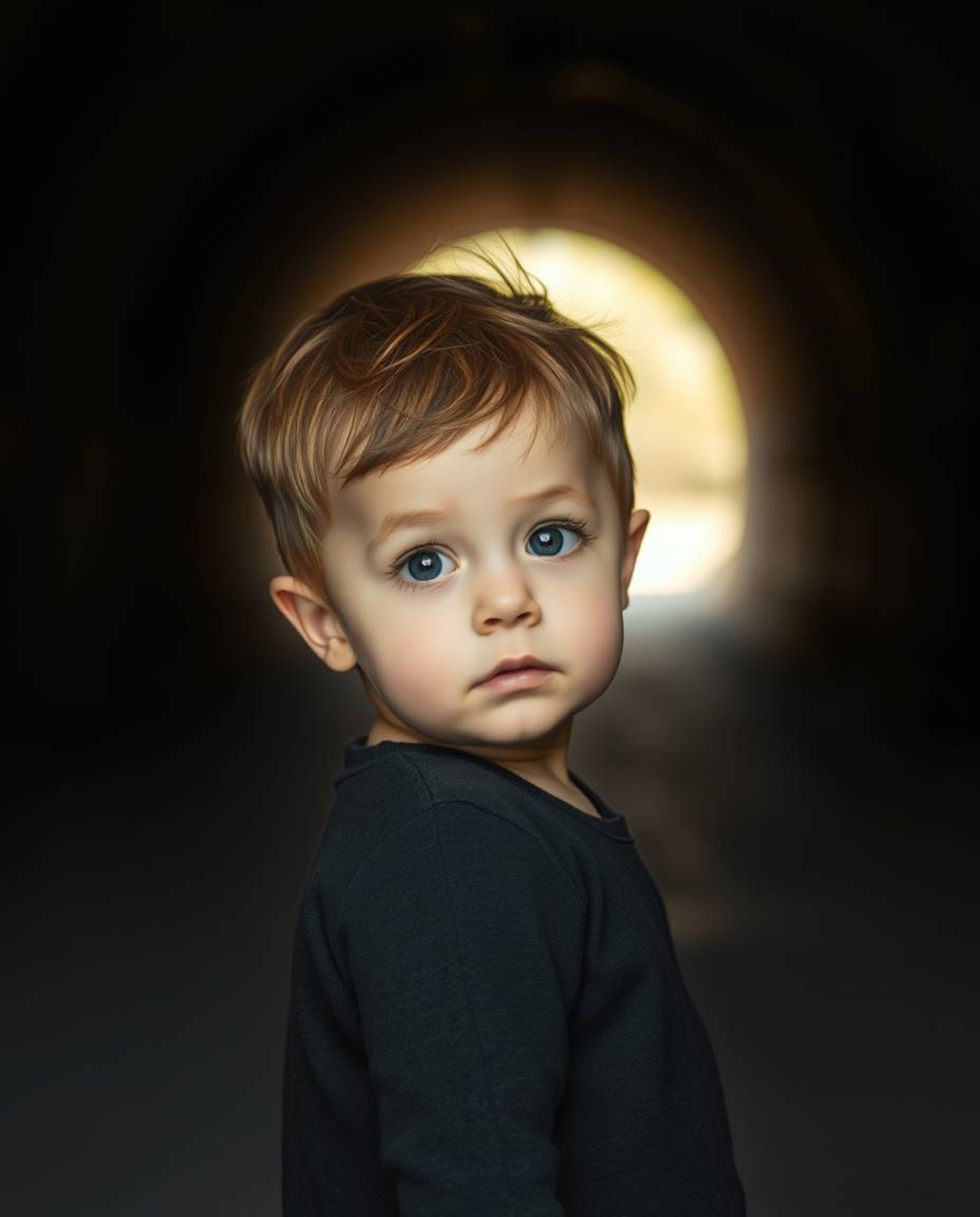 A captivating fine art photograph depicts an enchanting individual with delicate features standing at a tunnel's entrance, ga