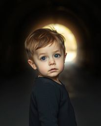 A captivating fine art photograph depicts an enchanting individual with delicate features standing at a tunnel's entrance, ga