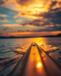 A close-up shot captures a boat drifting on a vibrant sunset lake, made fantastical by the glow of bioluminescent colors. The