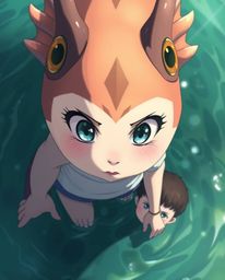 Experience a heartwarming isekai scene depicting a unique friendship between a light-skinned human child and an expressive se