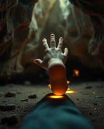 An extreme macro close-up image capturing a child's hand and feet as they follow glowing footsteps into a mystic cave. The sc