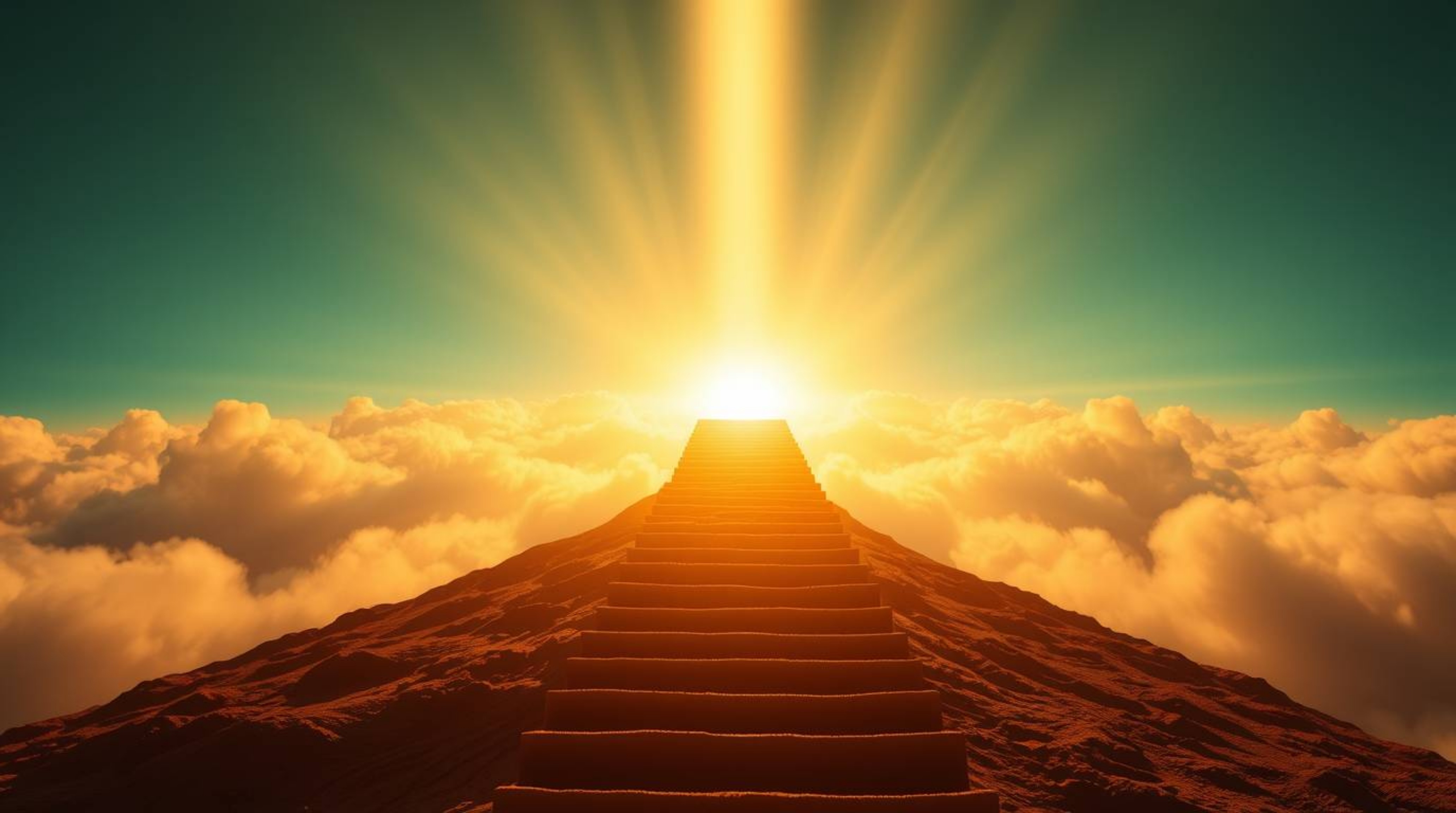 A captivating image depicting a silhouetted golden staircase ascending through ethereal clouds towards a radiant heaven.  The