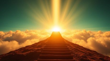 A captivating image depicting a silhouetted golden staircase ascending through ethereal clouds towards a radiant heaven.  The