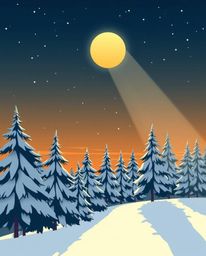 A modern flat design illustration in a dramatic cinematic style depicting a sunset light sparkling on snowy pine trees in ele