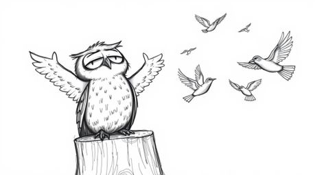 A hand-drawn, Pixar-style sketch featuring a heartwarming scene of a blind owl teacher with expressive wrinkles, perched on a