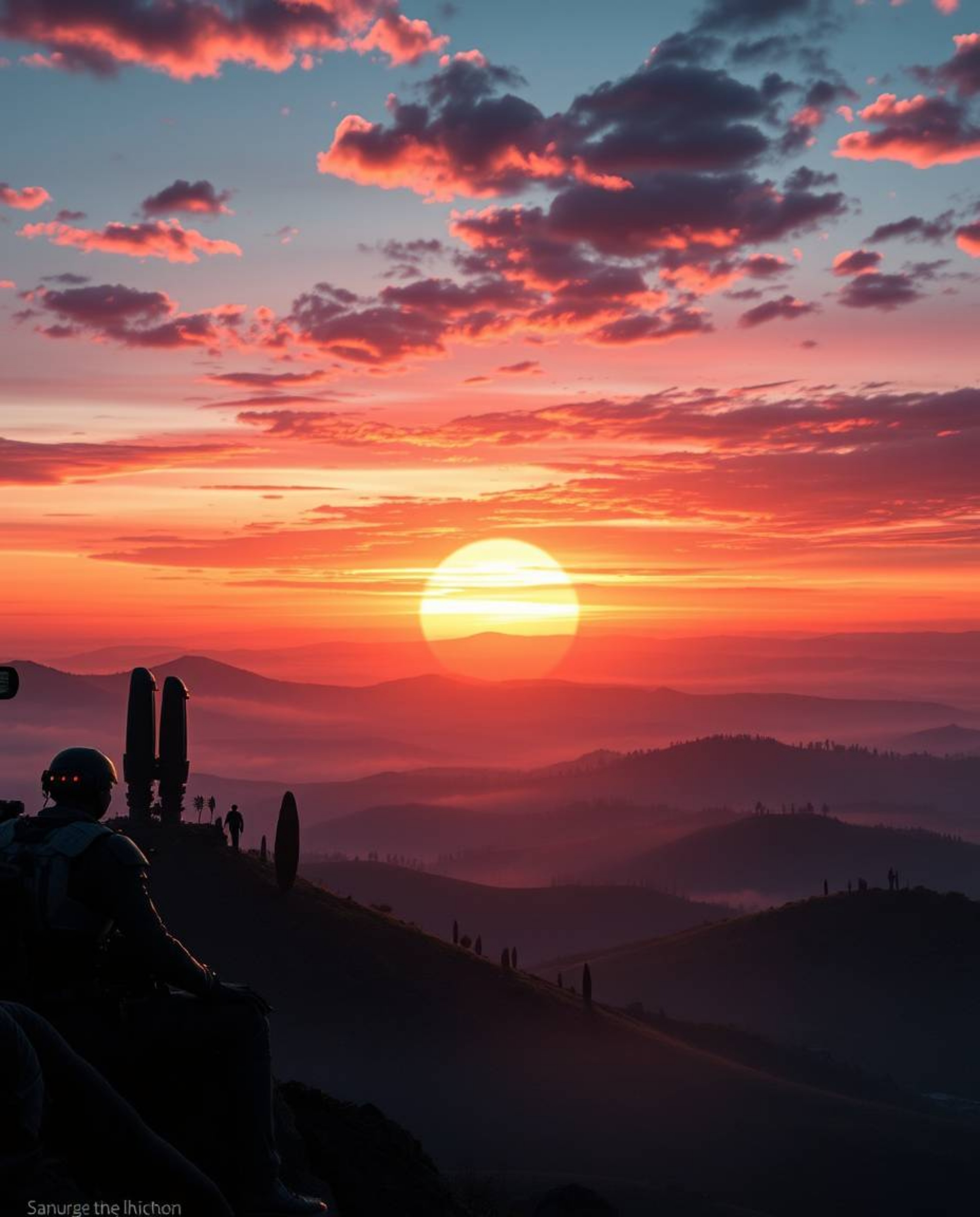 This is a futuristic sci-fi depiction of a grand and epic sunset over the misty, rolling hills of Tuscany. The scene is prese