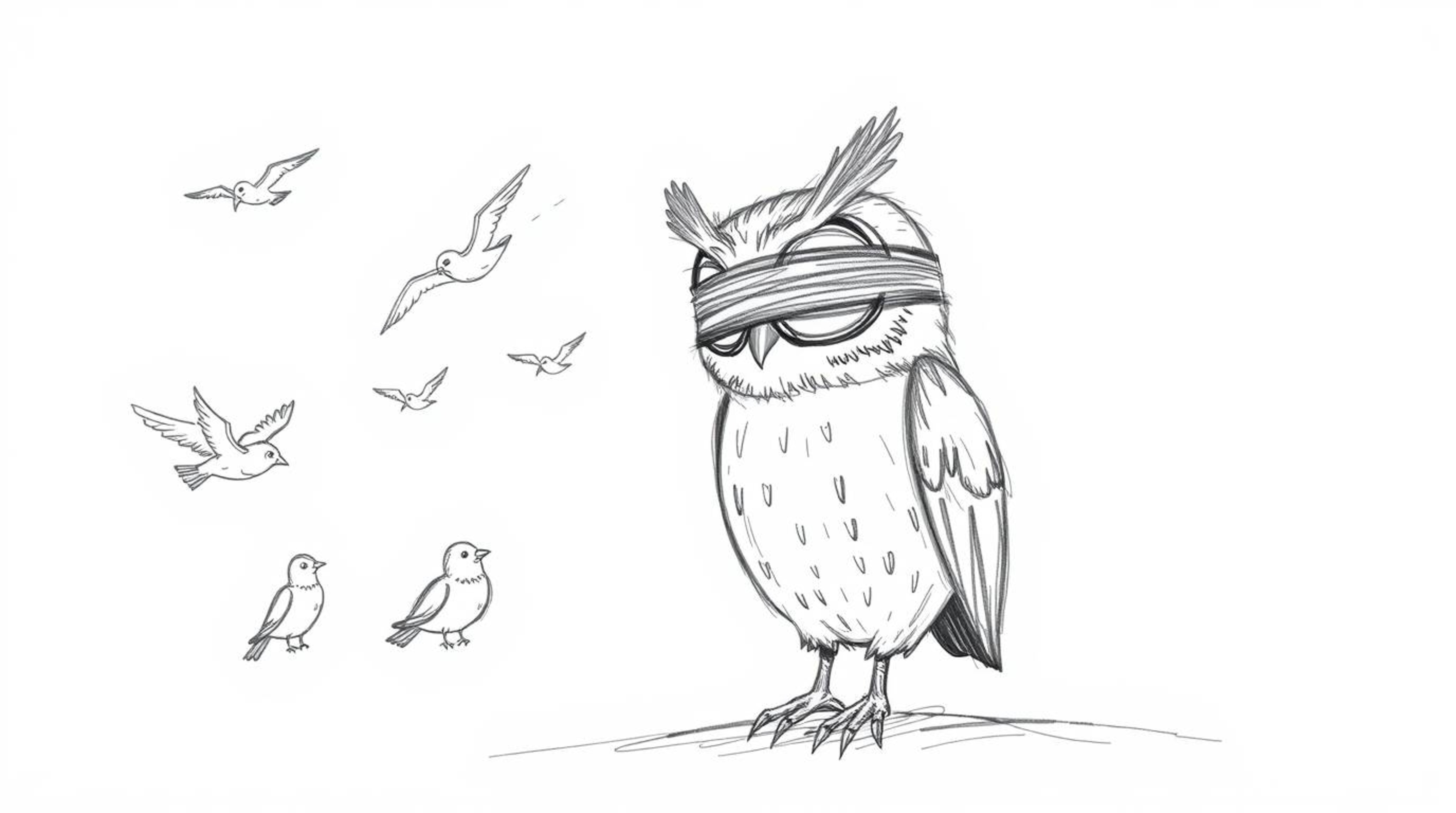 A whimsical hand-drawn sketch depicts a blind owl, reminiscent of Pixar animation, teaching a class of airborne birds at suns