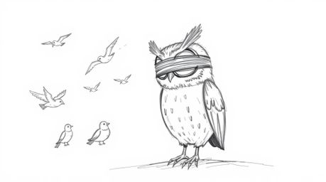 A whimsical hand-drawn sketch depicts a blind owl, reminiscent of Pixar animation, teaching a class of airborne birds at suns