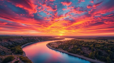 A vibrant and energetic depiction of a winding river, radiating under a dramatic orange-pink sky. This lively scene captures 
