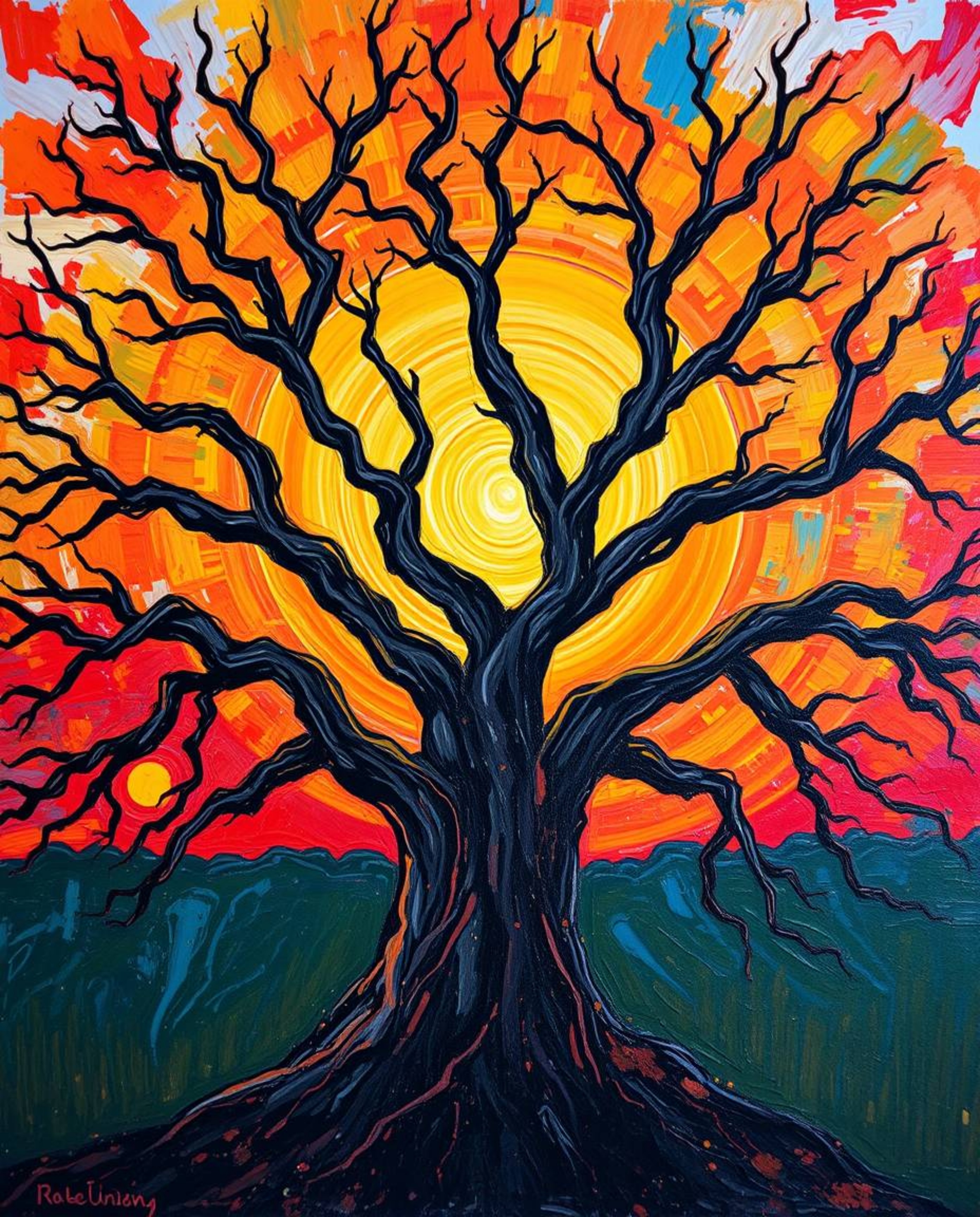 A bold acrylic painting of a sunset behind an old oak tree with twisted branches, characterized by vibrant colors and texture