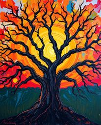 A bold acrylic painting of a sunset behind an old oak tree with twisted branches, characterized by vibrant colors and texture