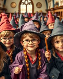 A high-resolution stock photo showcases a magical school bustling with young wizards. This adorable and charming image boasts