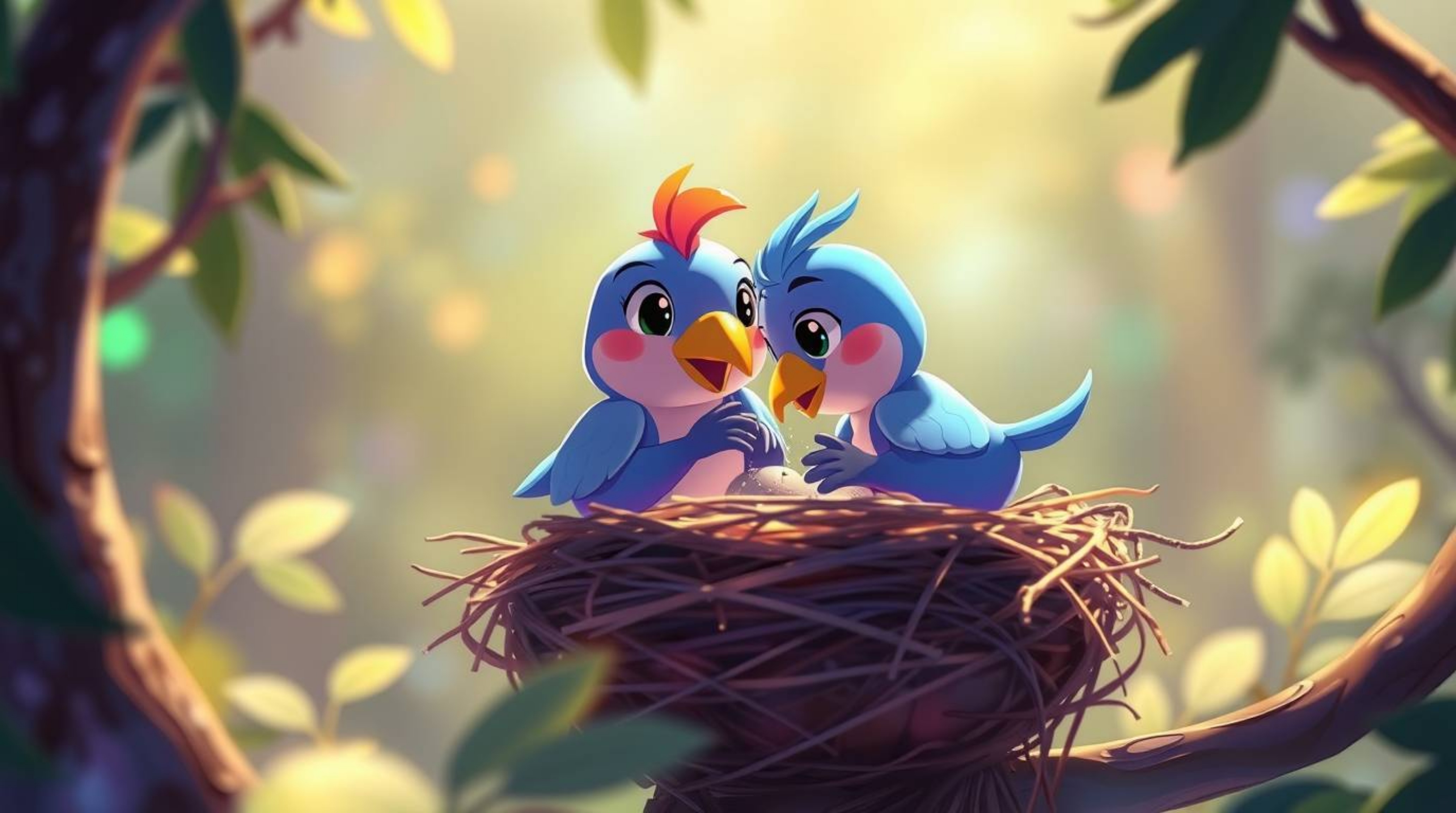 Delightful animation showcasing two cartoon birds meticulously constructing their nest. Rendered in a classic animation styl