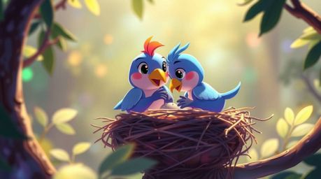 Delightful animation showcasing two cartoon birds meticulously constructing their nest.  Rendered in a classic animation styl
