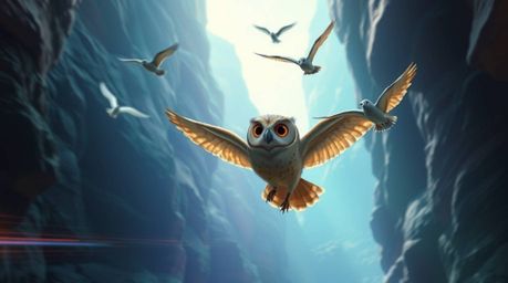 A captivating photographic image depicts a blind, kind owl, rendered in Pixar style, lovingly teaching birds to fly within a 