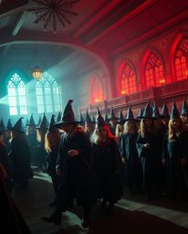 Immerse yourself in a high-contrast image of a magical school brimming with young wizards. Bathed in intense dramatic lightin