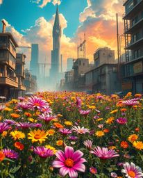 A captivating scene unfolds: vibrant, blooming flowers push through the concrete ruins of a post-apocalyptic city.  The image