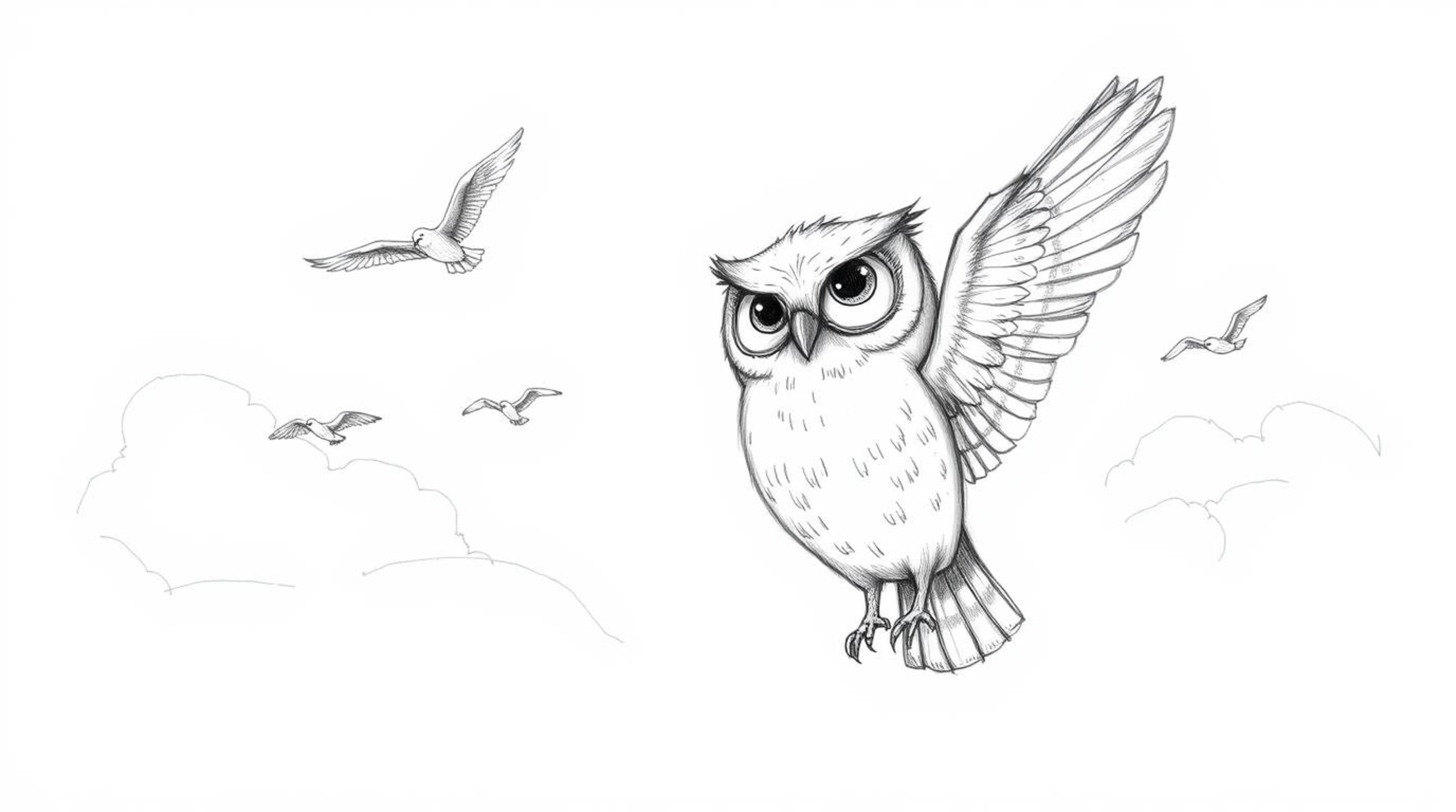 A serene, hand-drawn sketch in Pixar style depicts a blind owl with gently spread wings, guiding birds as they soar through a