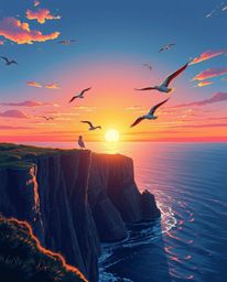 This is an elegant and graceful illustration of a sunset over a coastal cliff, complete with soaring birds. The artwork is re