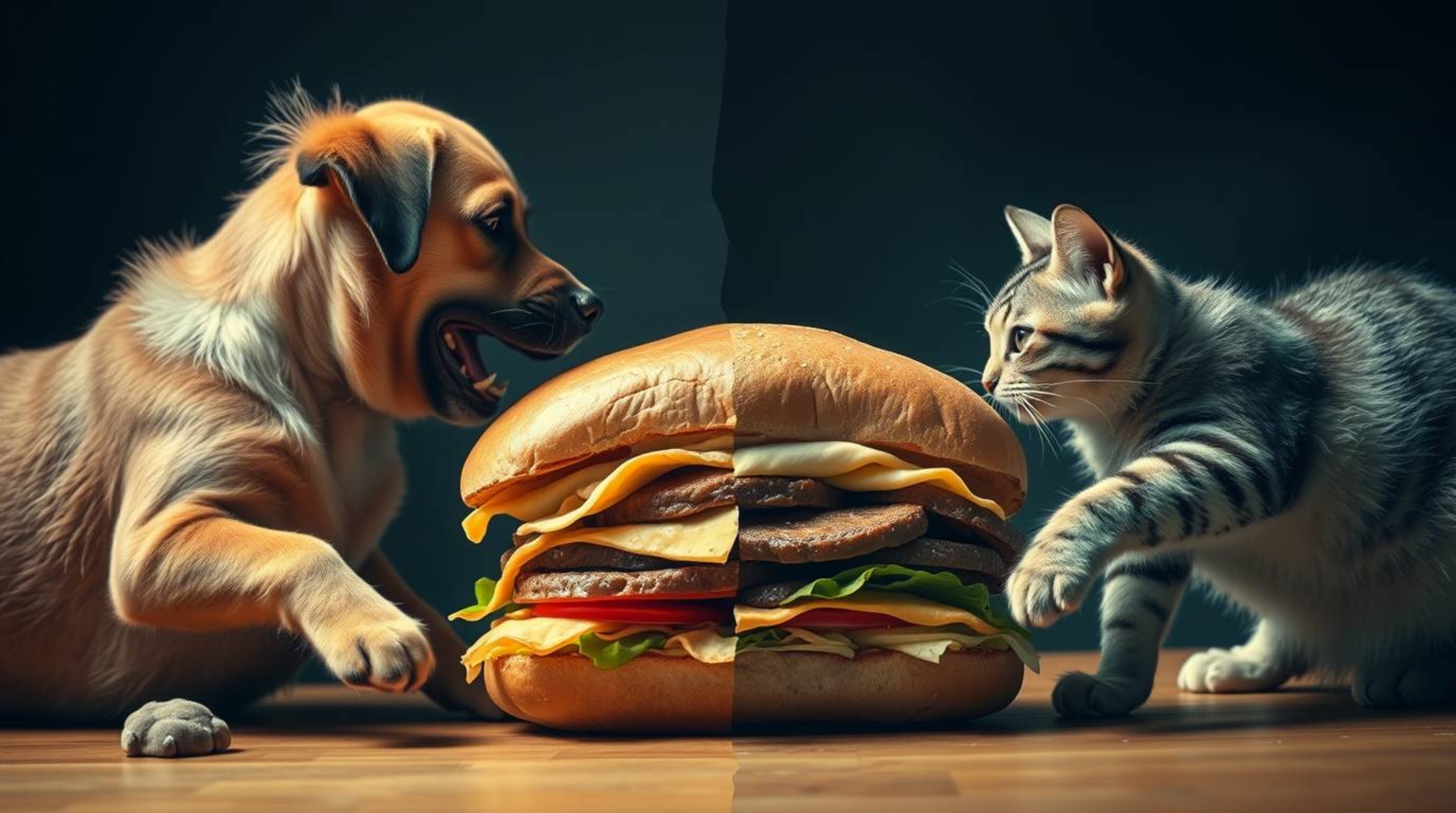 A dramatic cinematic short film showcasing a dog and a cat engaged in a fierce battle over an enormous sandwich. The scene is