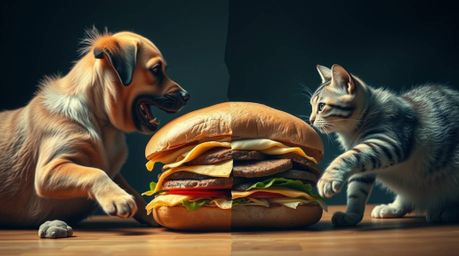 A dramatic cinematic short film showcasing a dog and a cat engaged in a fierce battle over an enormous sandwich. The scene is