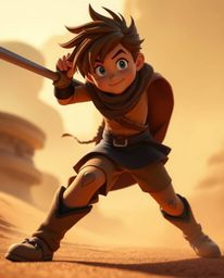 Experience a breathtaking low-angle shot of a brave hero embarking on a Disney-style desert adventure.  The image showcases s