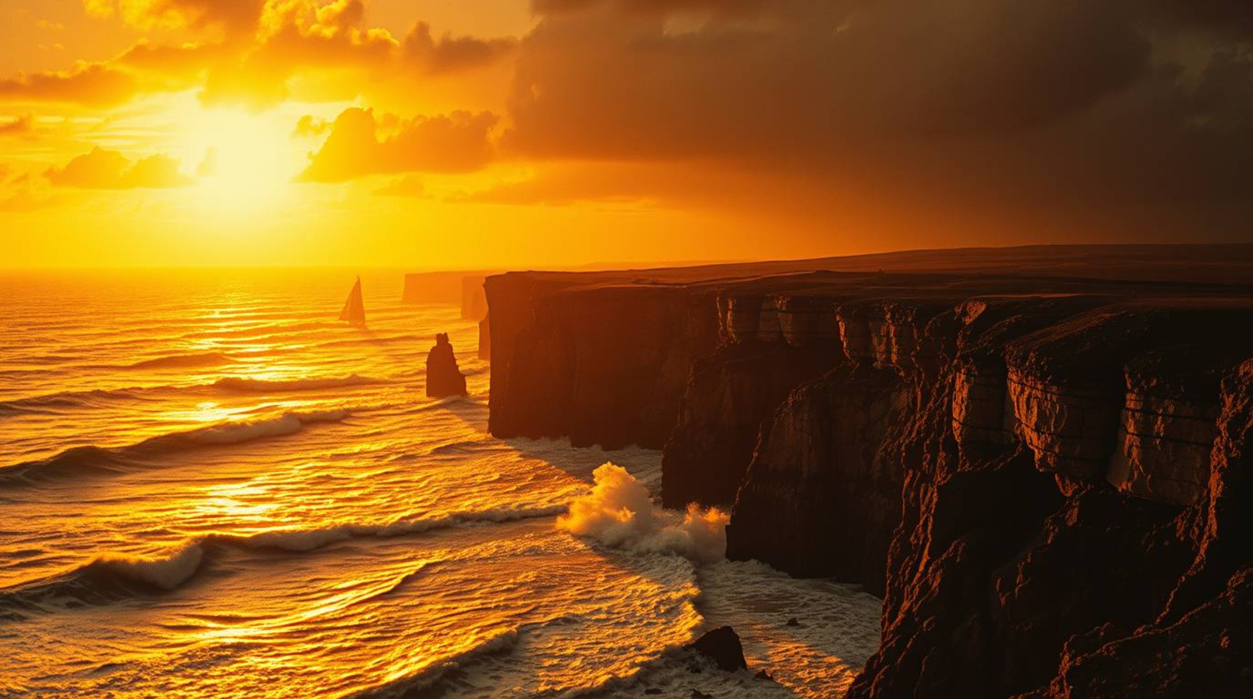 Experience the captivating beauty of a sunset scene featuring dramatic waves crashing against cliffs. The image boasts a warm