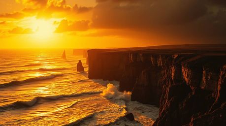 Experience the captivating beauty of a sunset scene featuring dramatic waves crashing against cliffs. The image boasts a warm