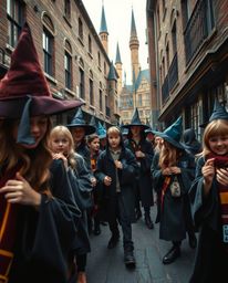 Capture the energy of a magical school brimming with young wizards in this candid street photography style image.  Shot from 