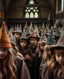 Explore a magical school teeming with young wizards, captured in a detailed close-up showcasing a captivating palette of brow