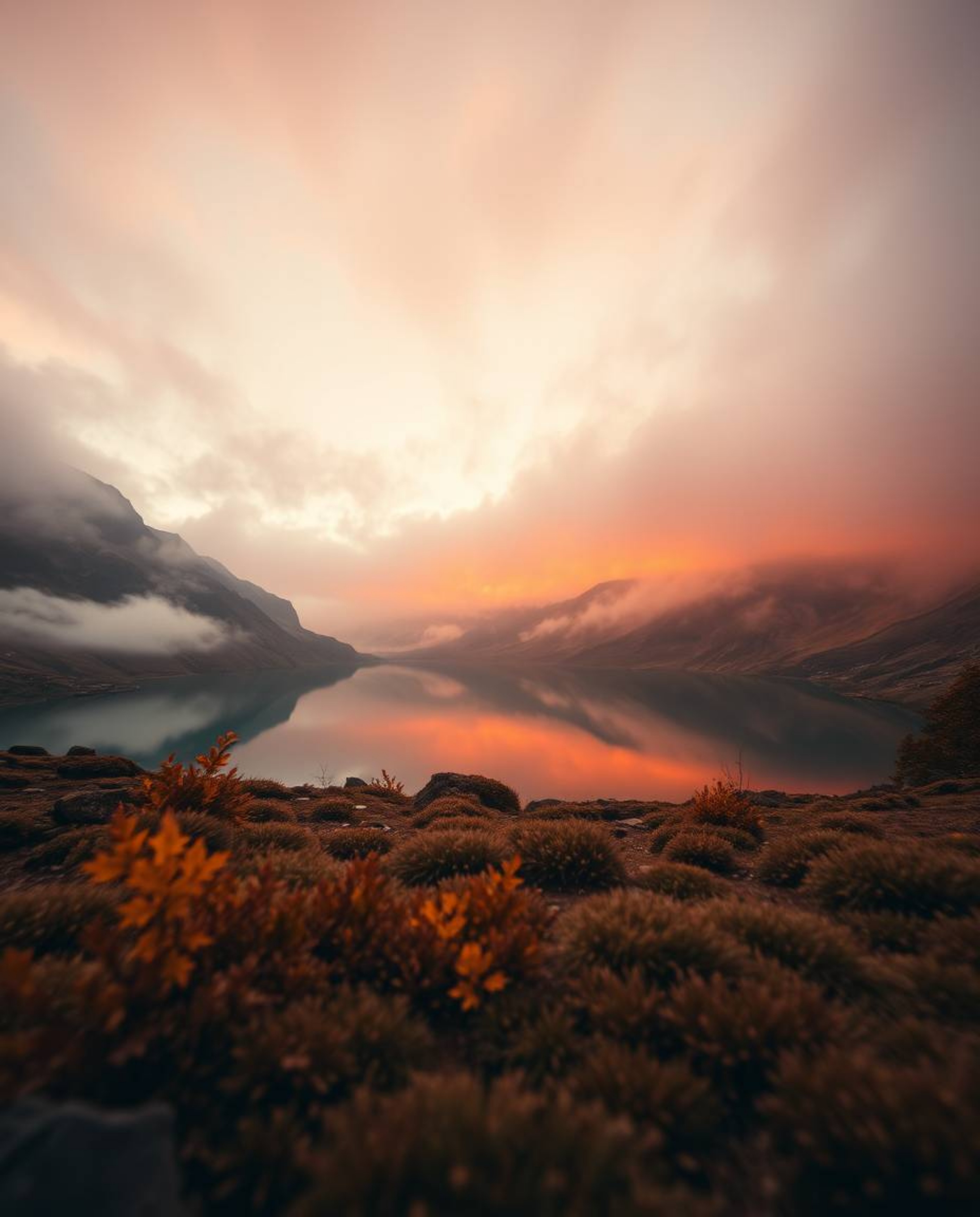 A cinematic photograph featuring a warm autumnal palette, with a soft focus and hazy background depicting the beautiful refle