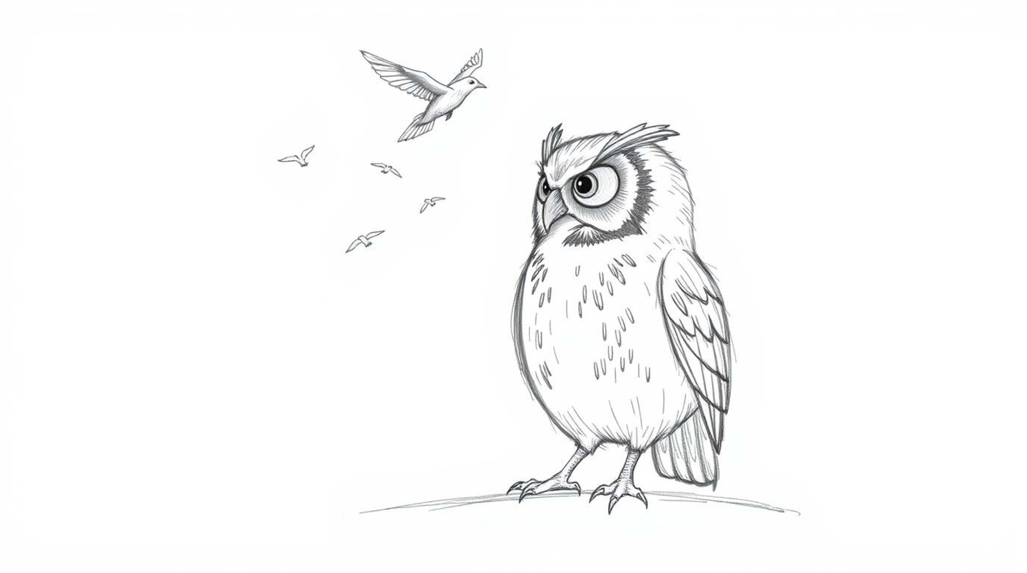 A heartwarming scene unfolds in this hand-drawn pencil sketch, depicting a blind owl, rendered in a delightful Pixar style, p
