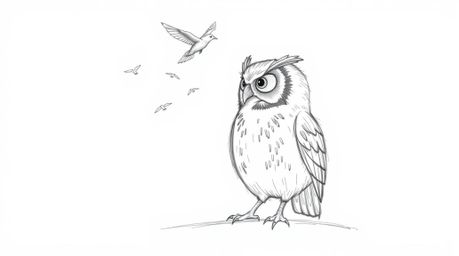 A heartwarming scene unfolds in this hand-drawn pencil sketch, depicting a blind owl, rendered in a delightful Pixar style, p