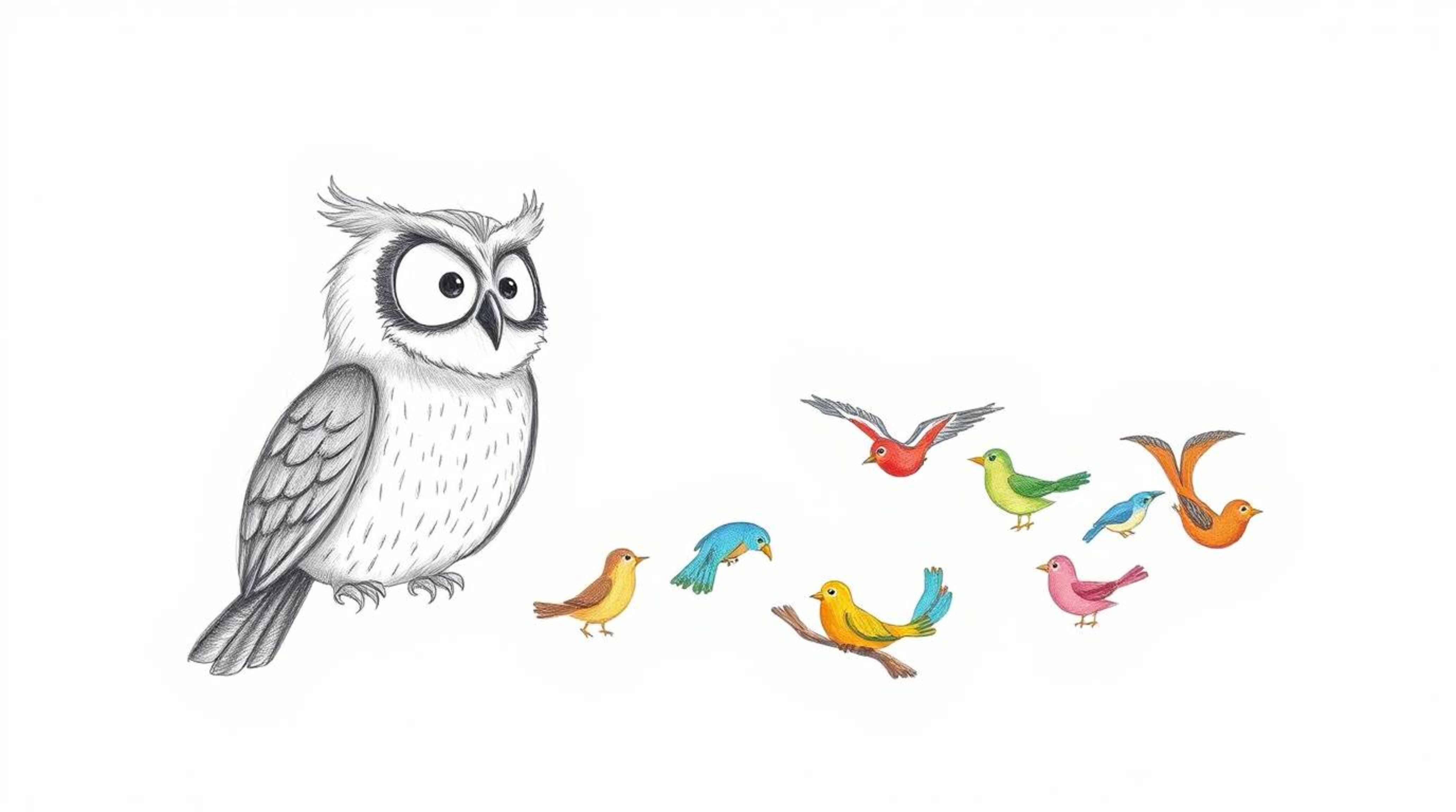 A heartwarming hand-drawn sketch in the style of Pixar animation depicts a kind, blind owl guiding a classroom of colorful bi