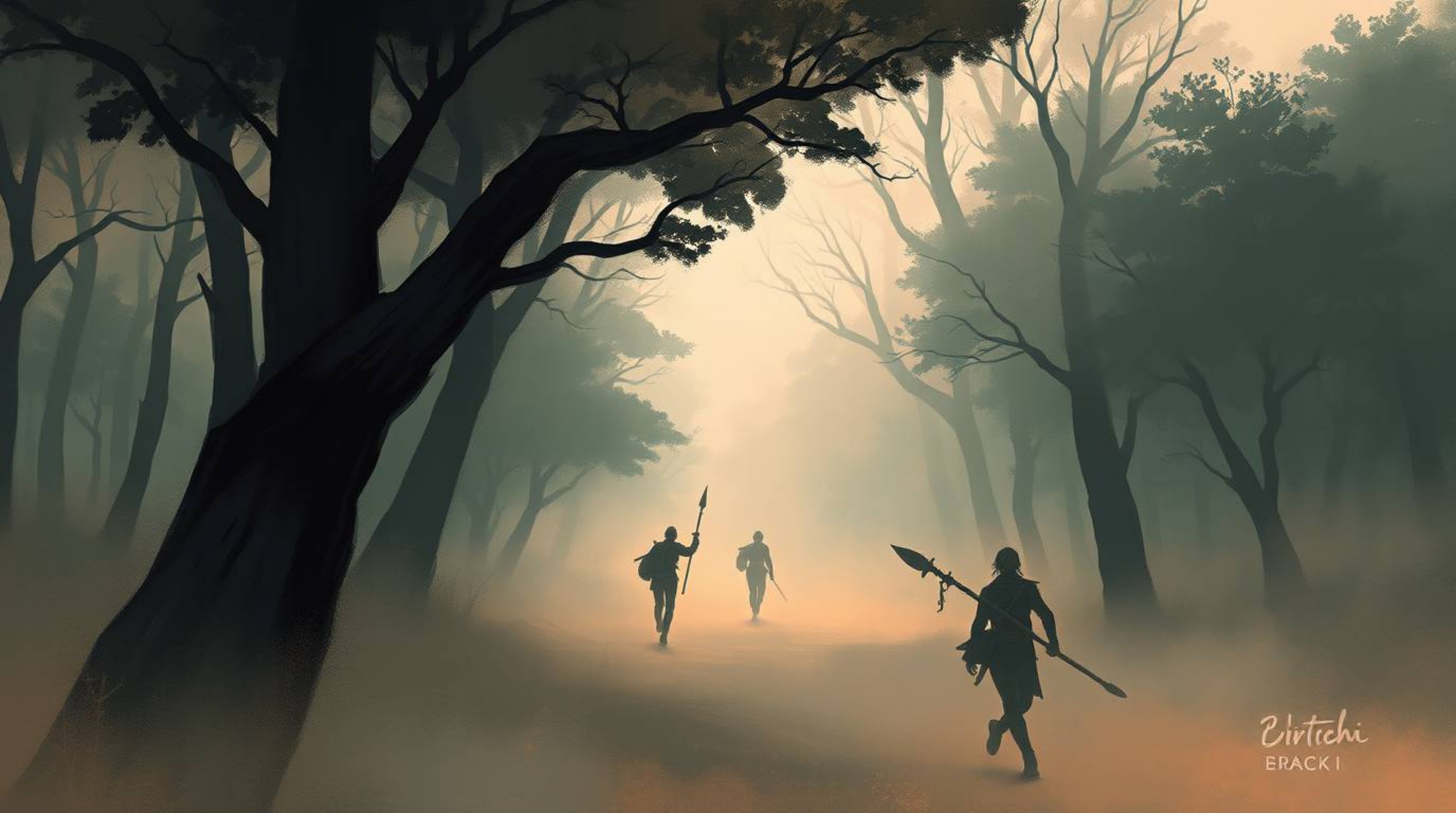 A misty digital sketch capturing a dramatic chase through a looping forest, rendered in complementary epic colors and soft pa