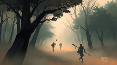 A misty digital sketch capturing a dramatic chase through a looping forest, rendered in complementary epic colors and soft pa
