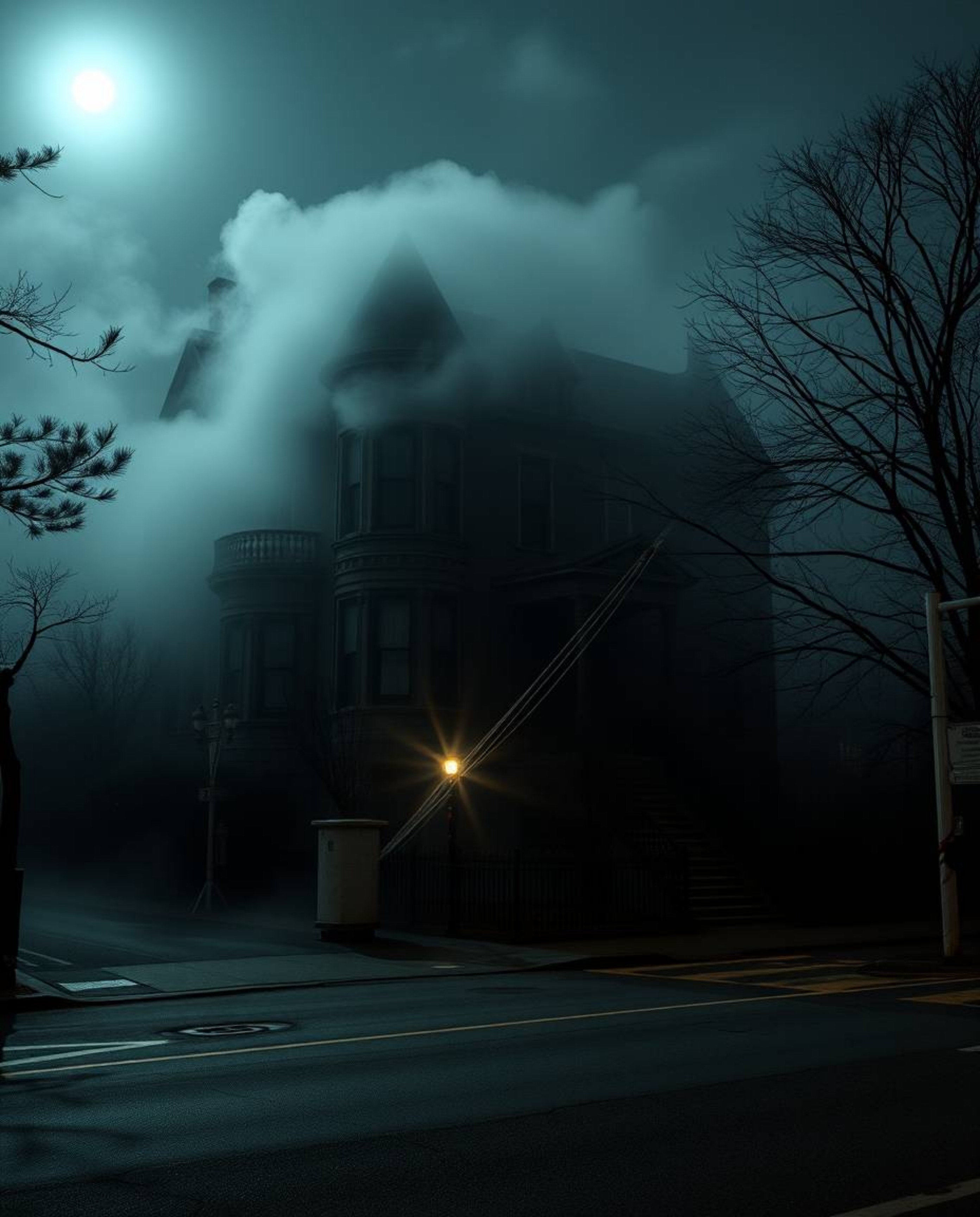 This image showcases a fog-covered Victorian mansion bathed in moonlight, captured through intense jet black candid street ph