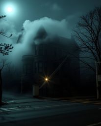 This image showcases a fog-covered Victorian mansion bathed in moonlight, captured through intense jet black candid street ph