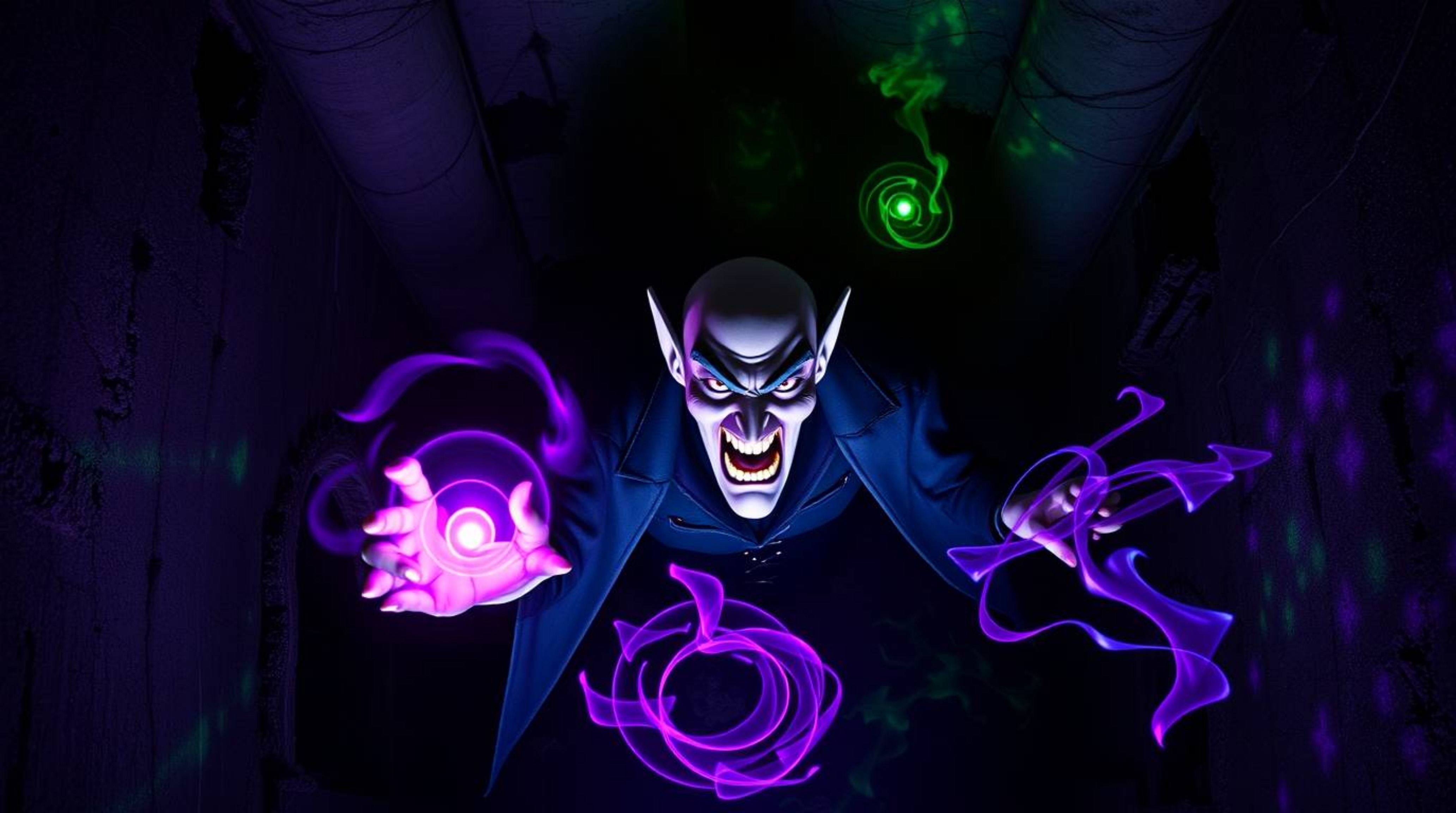 An overhead shot showcases a creative light art piece depicting a classic Disney villain. The villain, with sharp features a