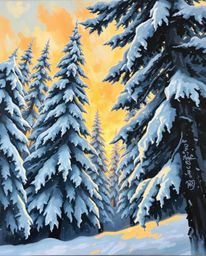 A classic oil painting depicting snowy pine trees at sunset, featuring rich textures and visible brushstrokes from a low-angl
