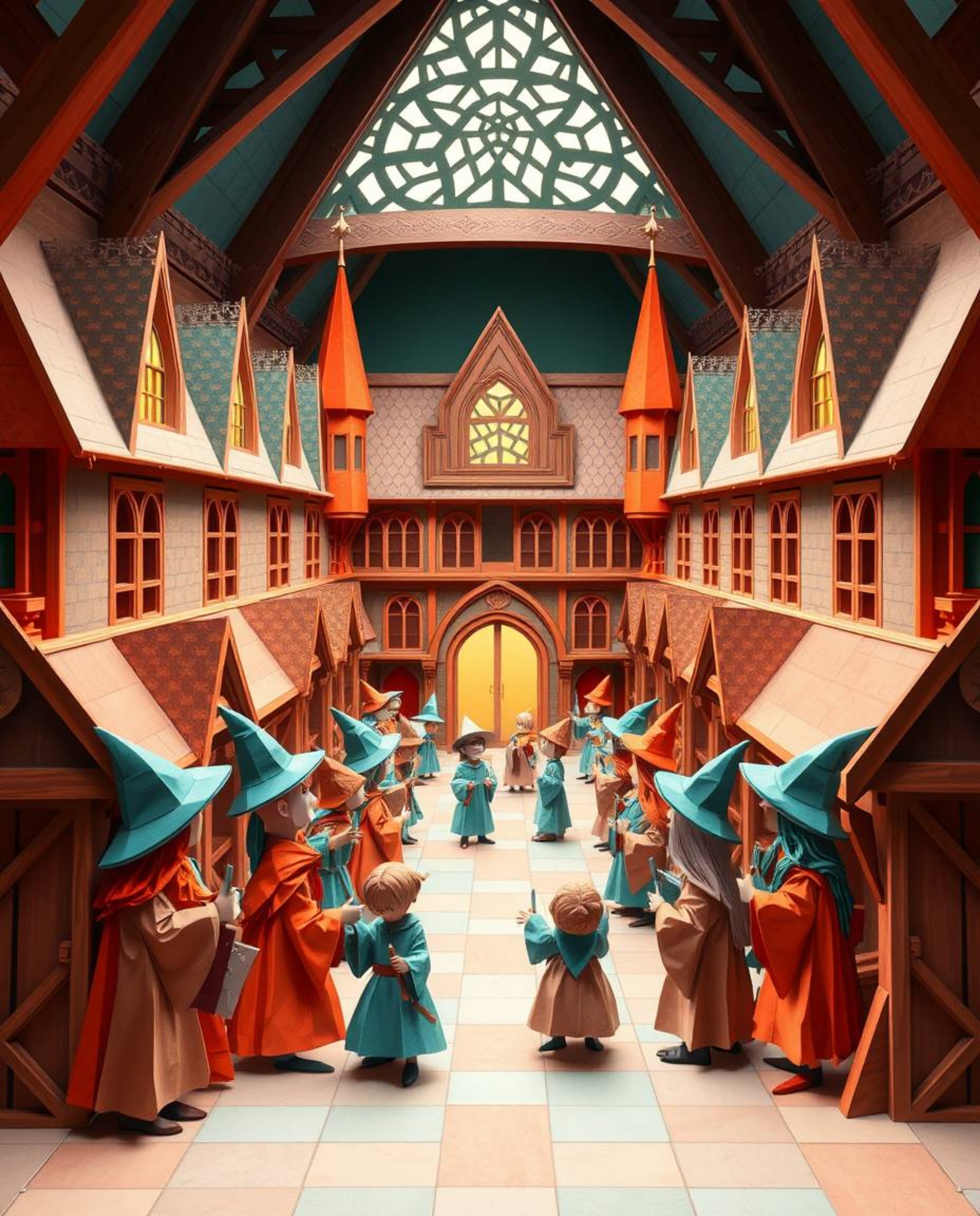 Discover an intricate origami-style illustration of a magical school brimming with young wizards.  The warm terracotta and co